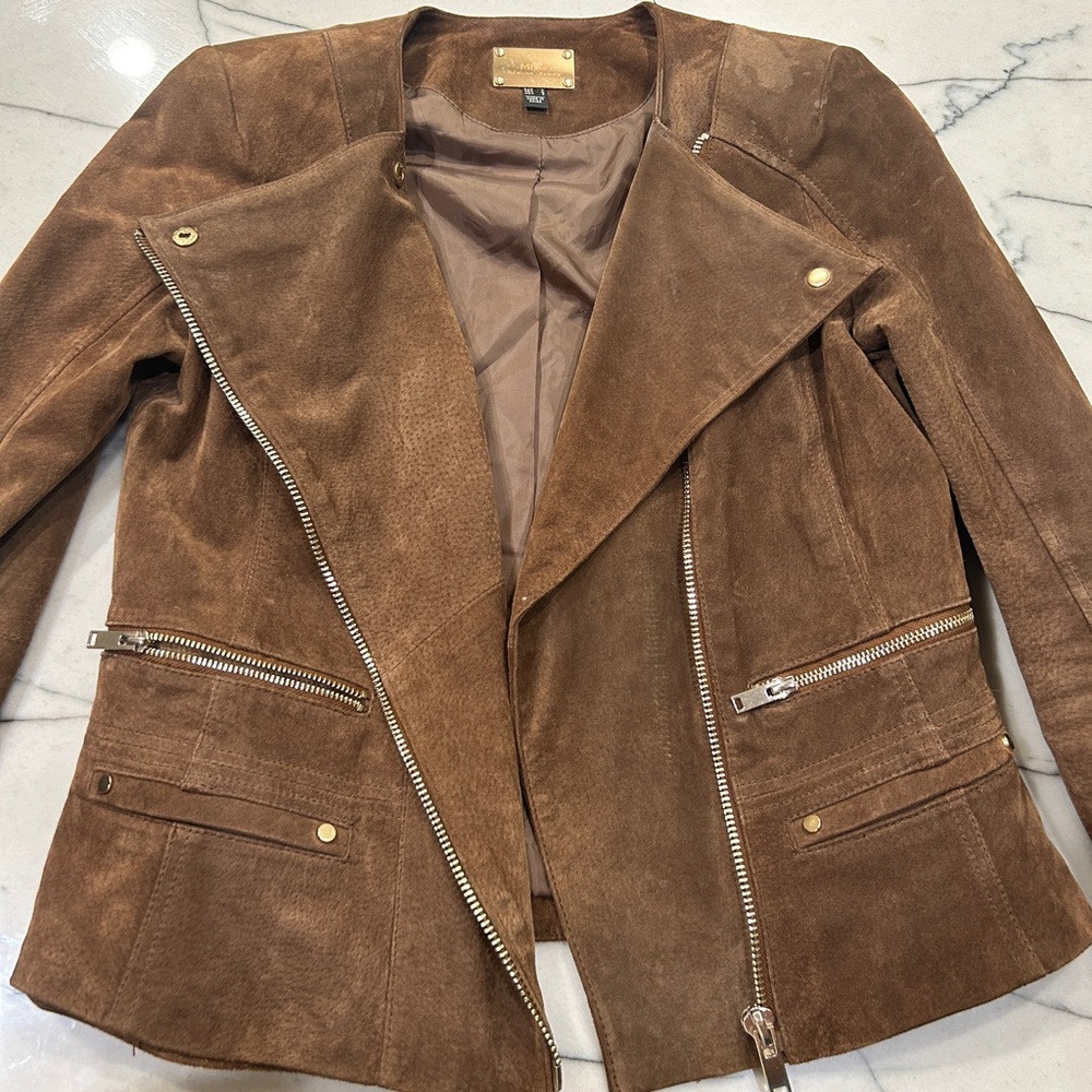Mango, genuine, leather suede, Moto jacket, gold zippers, tan brown, size medium
